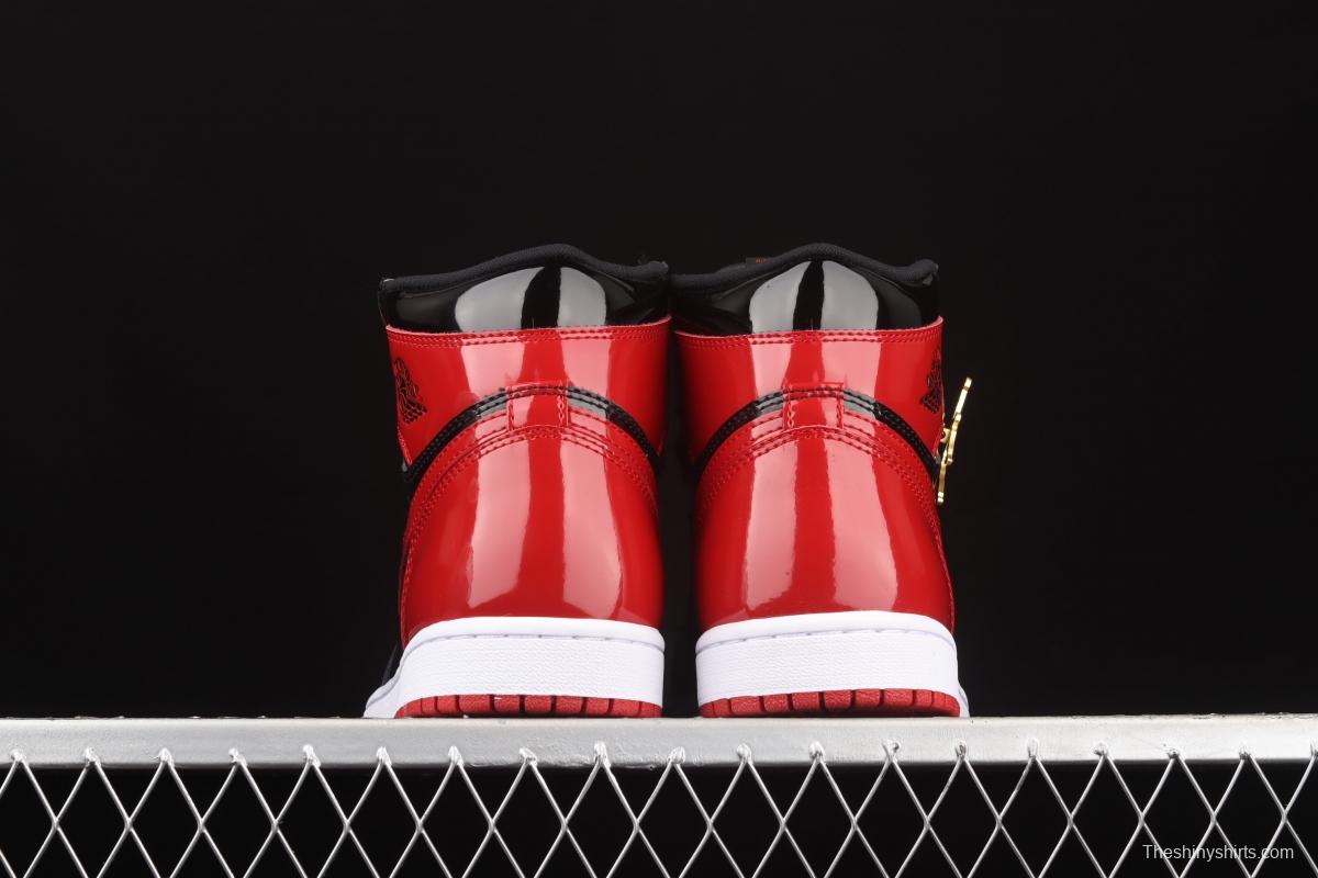 Air Jordan 1 High OG Bred Patent lacquered leather black and red high top basketball shoes 555088-063