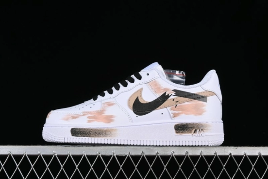 Nike Air Force 1 '07 Low Casual Sneakers with Anime-Inspired Hand-Painted Design, Broken Swoosh Shadow Effect, Brown/Black - CW2288-111