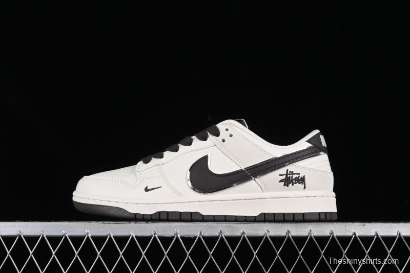Stussy x Nike SB Dunk Low Anniversary Customized Casual Sneakers in Off-White Black Swoosh - DQ1098-378