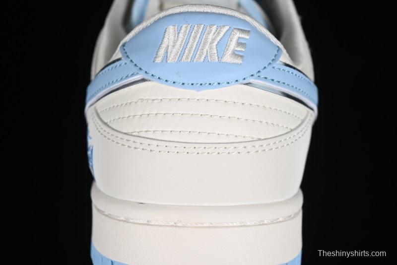 Stussy x Nike Dunk Low SB Skate Shoes in White with Light Blue Swoosh - DQ1098-380