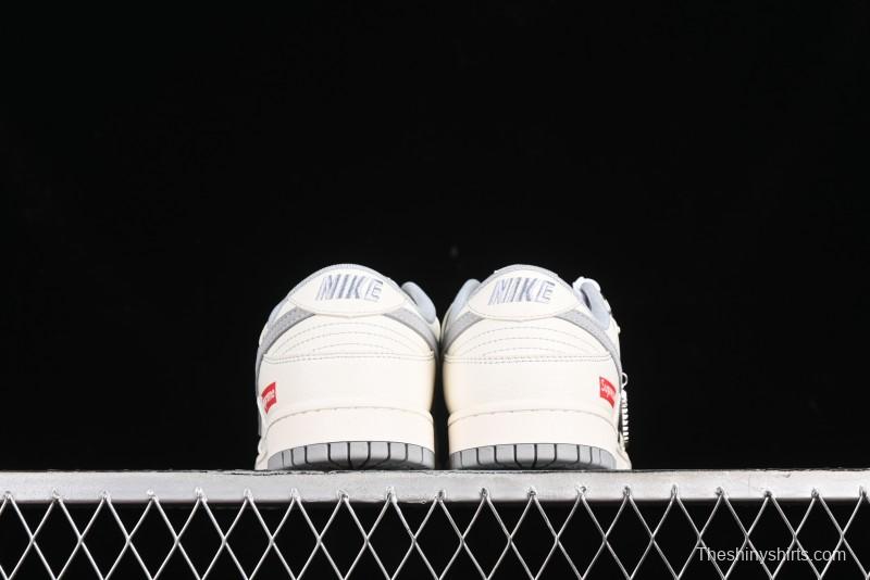 Nike SB Dunk Low Supreme Collaboration - Off White Gray Double Swoosh Anniversary Custom Low-Top Casual Skate Shoes - XX2025-317