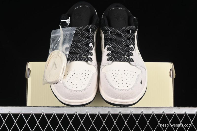Nike Air Jordan 1 Low Stussy Collaboration - Silver Trim Black Swoosh Retro Basketball Shoes - SJ9950-026
