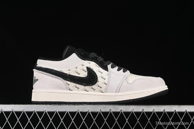 Nike Air Jordan 1 Low Stussy Collaboration - Silver Trim Black Swoosh Retro Basketball Shoes - SJ9950-026