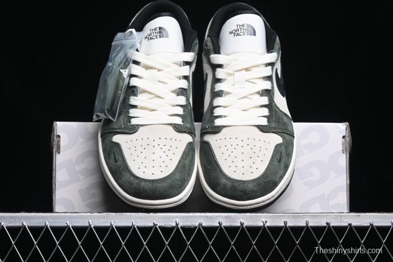 Nike Air Jordan 1 Low AJ1 The North Face Collaboration - Custom Premium Pigskin Dark Green Retro Basketball Shoes - DM9188-004