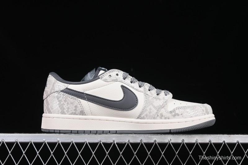 Nike Travis Scott x Fragment Design x Air Jordan 1 Low OG SP AJ1 Snake Year Limited Grey Snake Scale with Grey Swoosh Low-top Casual Sneakers - XS3086-009