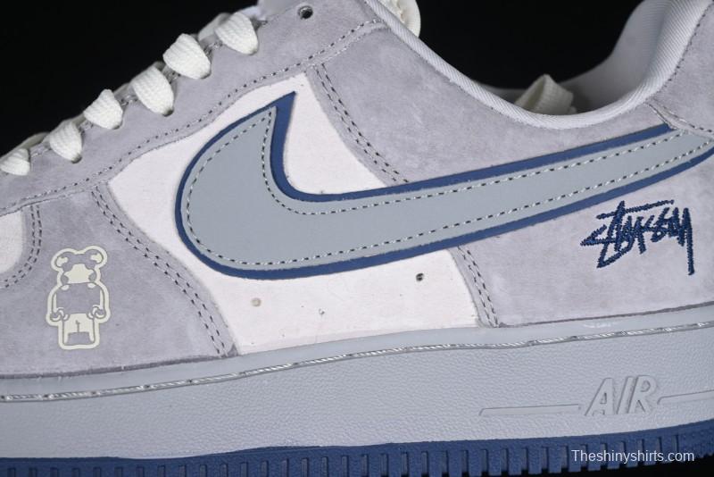 Nike Air Force 1 '07 Low Stussy Collaboration Grey Blue Pig Bear AF1 Low Top Casual Sneakers - DF0188-017