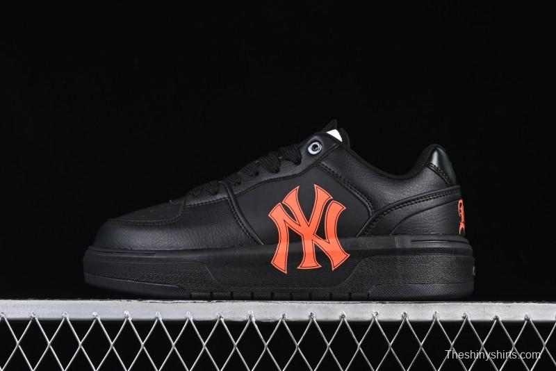 NY Yankees Black Leather Sneakers – Bold Orange Logo Edition