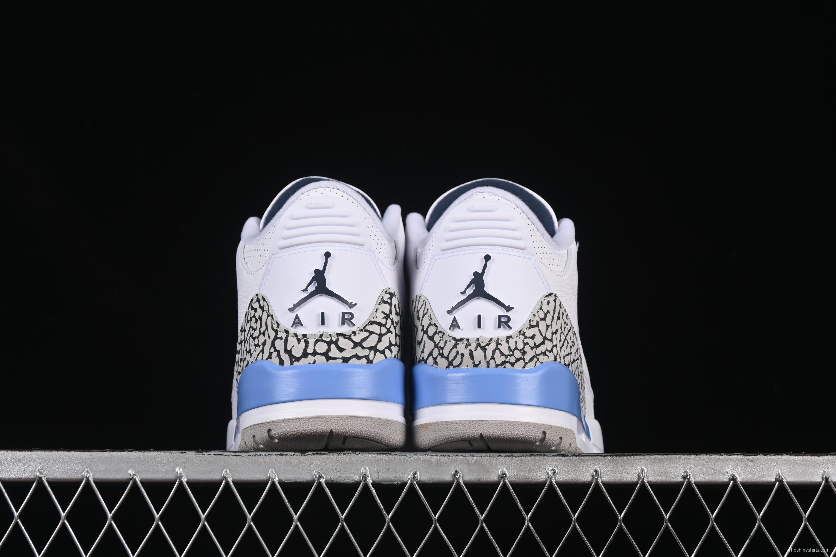 Nike Air Jordan 3 Retro UNC White Blue Cracked Leather Basketball Shoes - CT8532-104