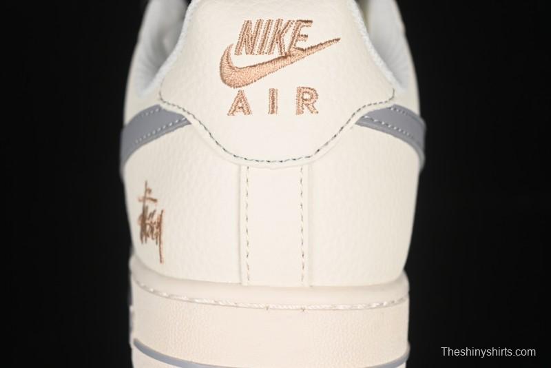 Nike Air Force 1 '07 Low Stussy Collaboration Gold Embroidery Grey Swoosh Casual Sneakers - XX3168-150