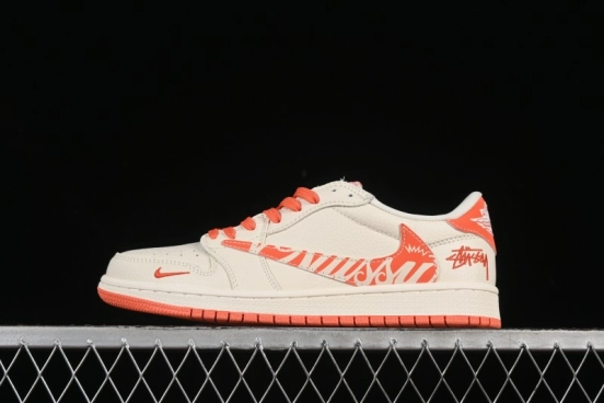 Nike Travis Scott x Fragment Design x Air Jordan 1 Low OG SP AJ1 Stussy Collaboration Summer Orange Low-Top Casual Sneakers - LD2025-020