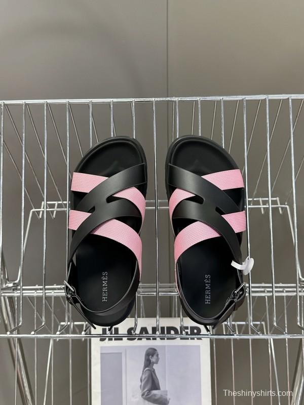 2025 Women Hermès Pink Black Leather Sandals