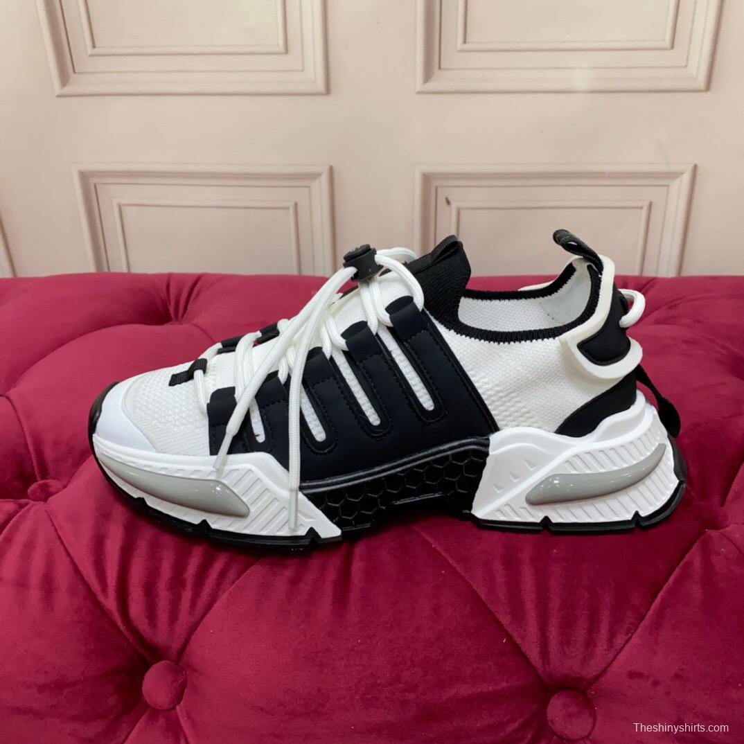 2025 Unisex Dolce & Gabbana Black White Mesh Leather Sneakers LY00340