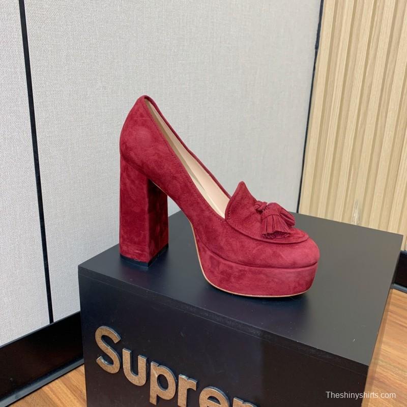 2025 Women Gianvito Rossi Red Suede Platform Loafers Tassel KFY00330