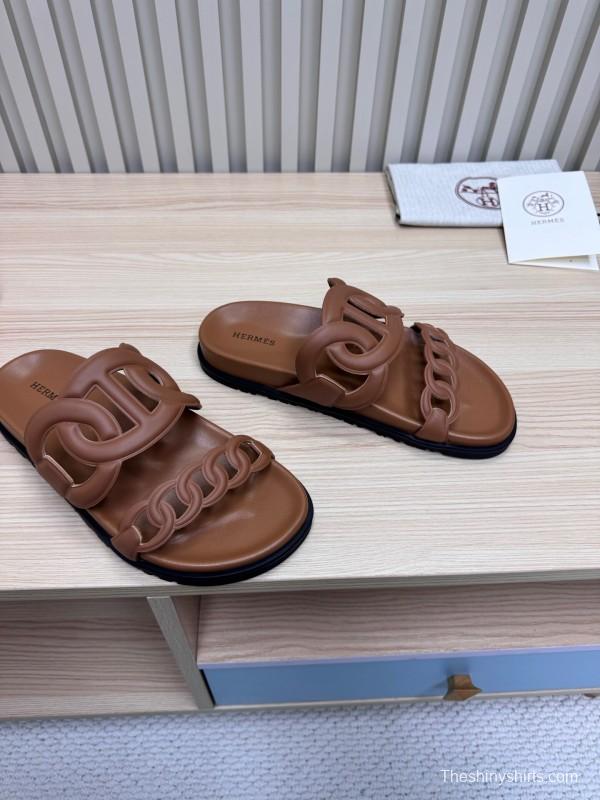 2025 Women Hermès Brown Leather Slippers KFY00260