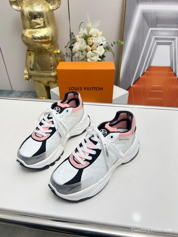 2025 Women Louis Vuitton White Black Pink Leather Mesh Sneakers LY00340
