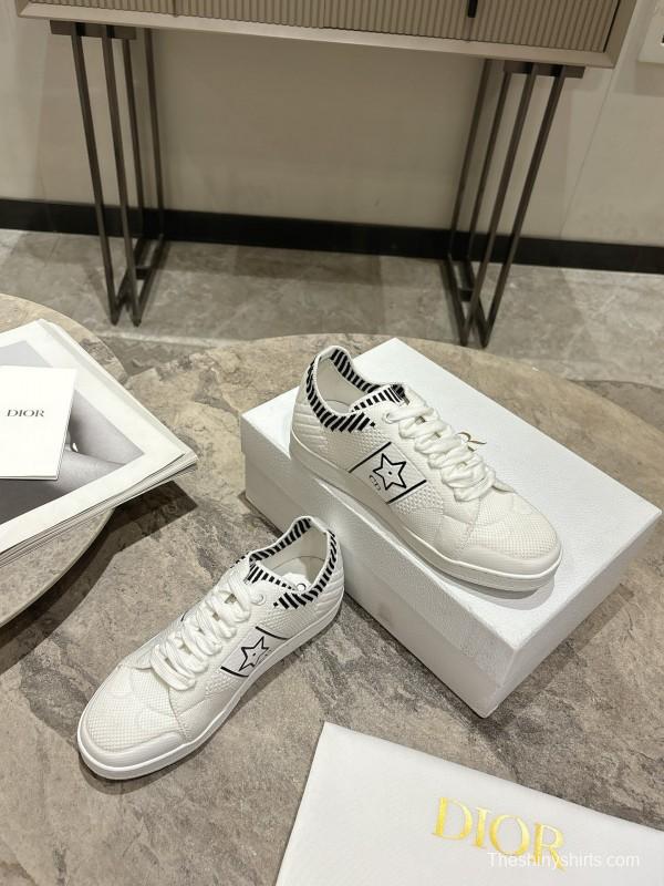 2025 Women Dior White Knit Leather Sneakers Star Logo KFY00330