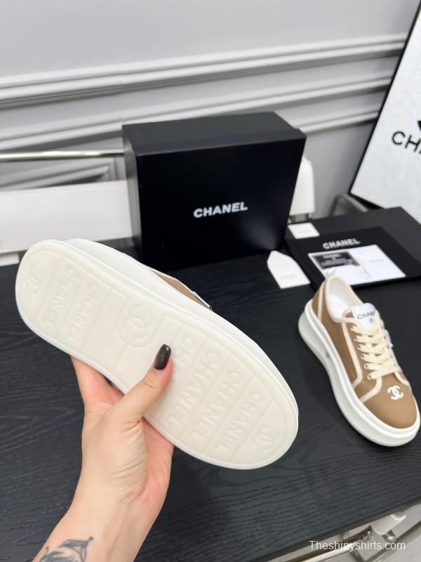 2025 Women Chanel Beige Canvas Leather Sneakers Collaboration LY00250