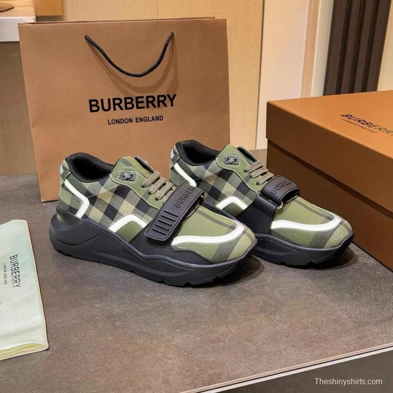 2025 Unisex Burberry Green Black Cotton Calfskin Suede Sneakers MJ00360(W)