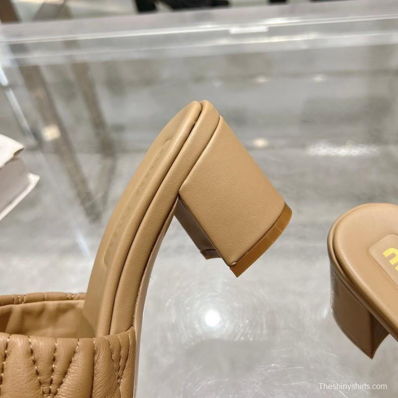 2025 Women Miu Miu Beige Lambskin Heeled Sandals MDR00123