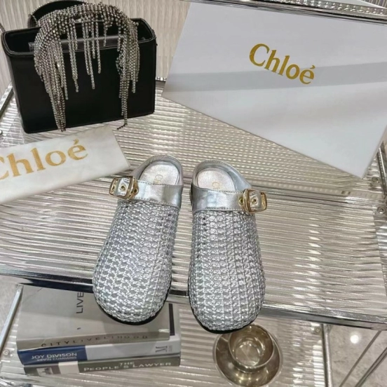 2025 Women Chloé Silver Leather Woven Slippers