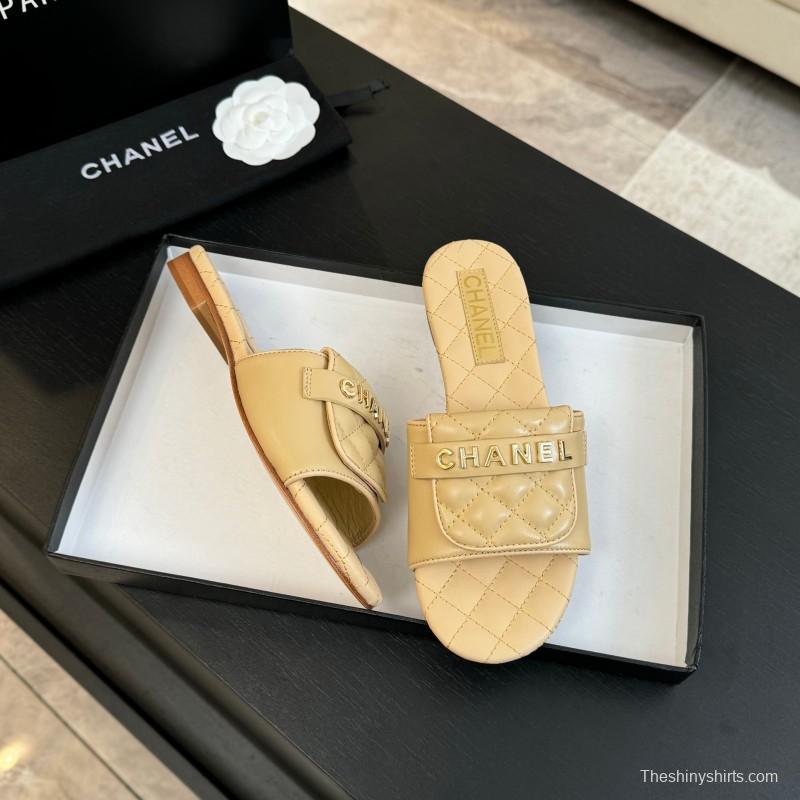 2025 Women Chanel Beige Leather Slippers
