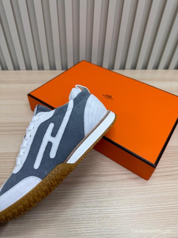 2025 Unisex Hermès White Grey Suede Down Fabric Sneakers Top Version LY00310