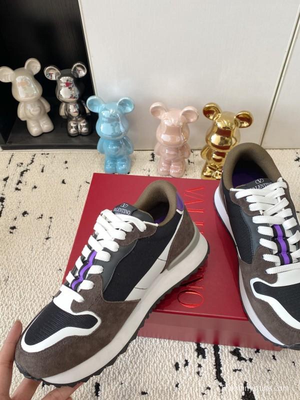 2025 Unisex Valentino Black Brown Purple Suede Leather Mesh Sneakers
