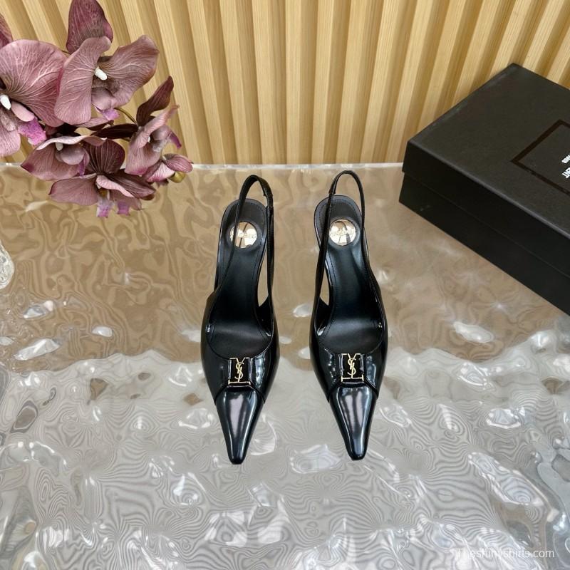 2025 Women Yves Saint Laurent Black Patent Leather Slingback Heels