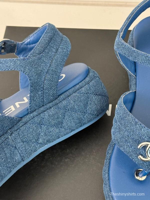 2025 Women Chanel Blue Denim Leather Platform Sandals KFY00260