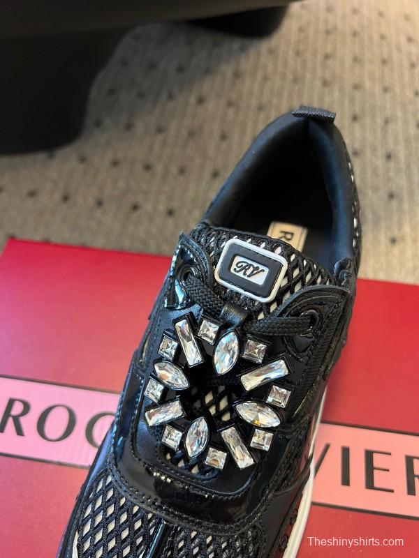 2025 Women Roger Vivier Black Leather Mesh Sneakers