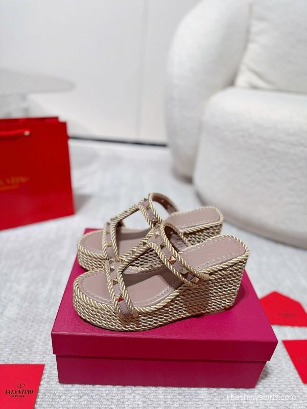 2025 Women Valentino Beige Rope Leather Wedge Sandals LY00290