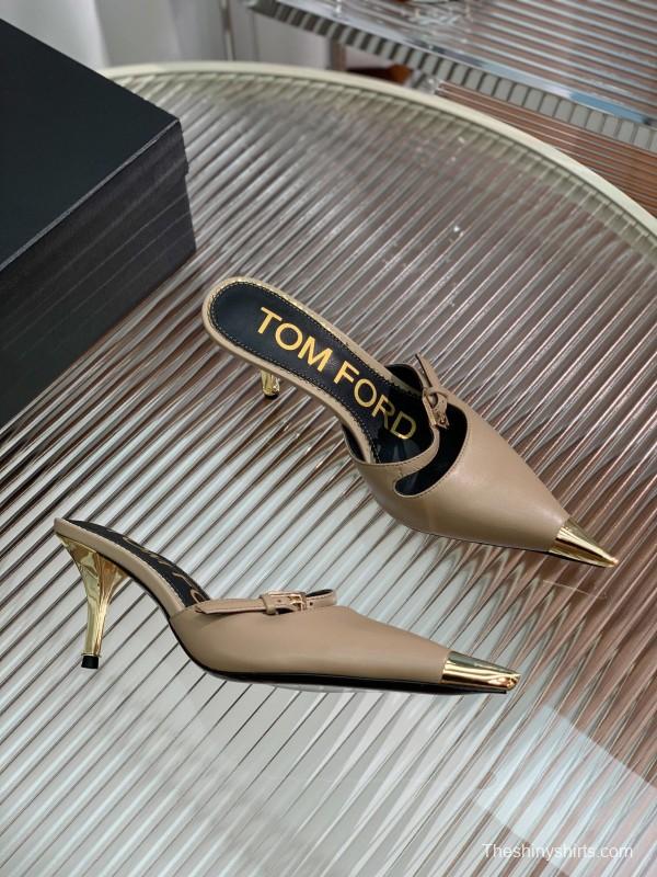 2025 Women TOM FORD Beige Gold Leather Pointed Toe Mules KFY00300