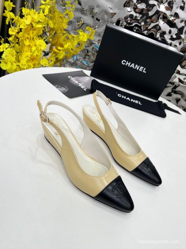 2025 Women Chanel Apricot Black Leather Slingback Flats
