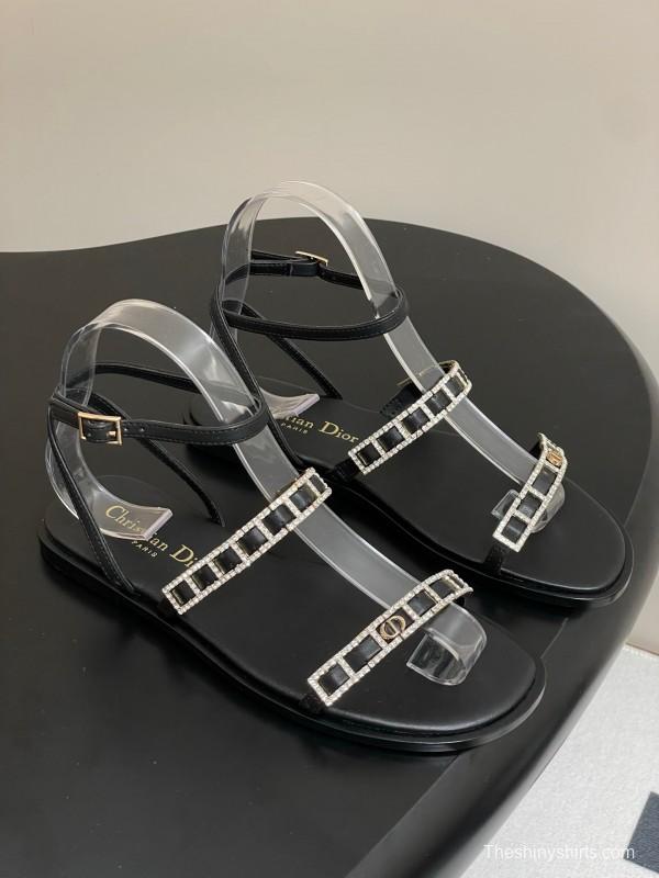 2025 Women Dior Black Crystal Embellished Leather Flat Sandals