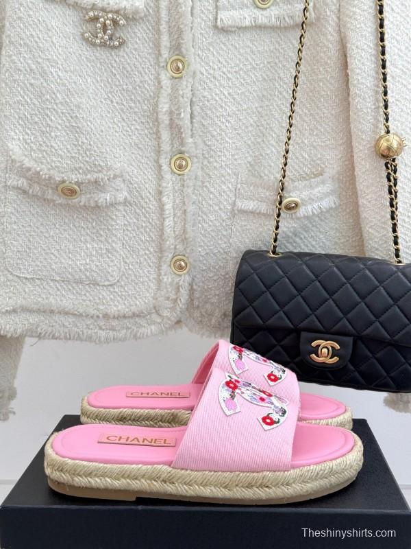 2025 Slippers Chanel Pink Canvas Embroidered KFY00230
