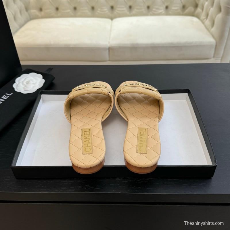 2025 Women Chanel Beige Leather Slippers