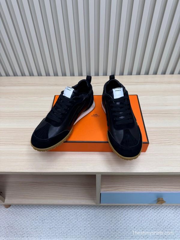 2025 Men Hermès Black Suede Leather Sneakers LY00310