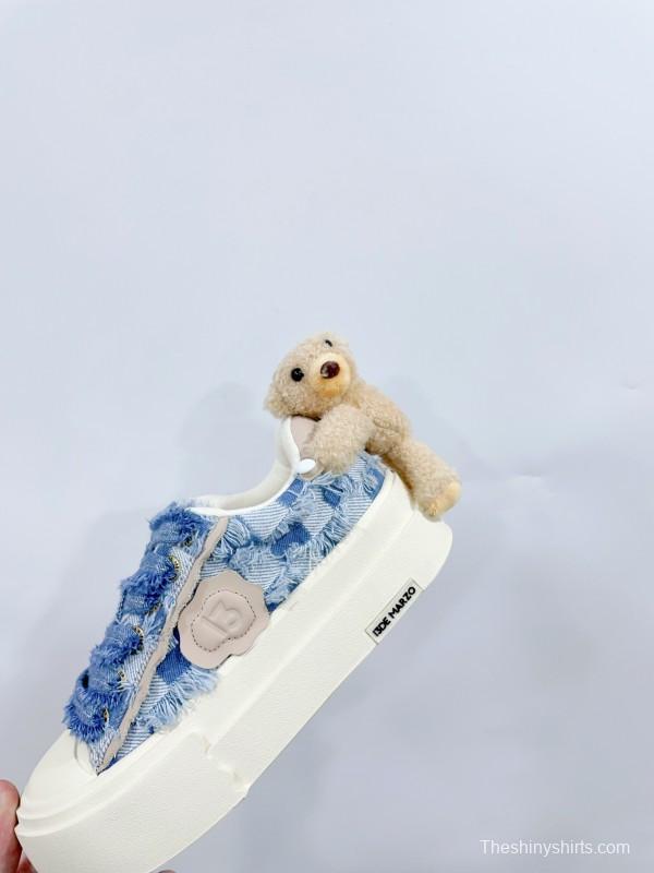 2025 Women 13DE MARZO Blue White Canvas Leather Casual Shoes Teddy Bear KFY00280