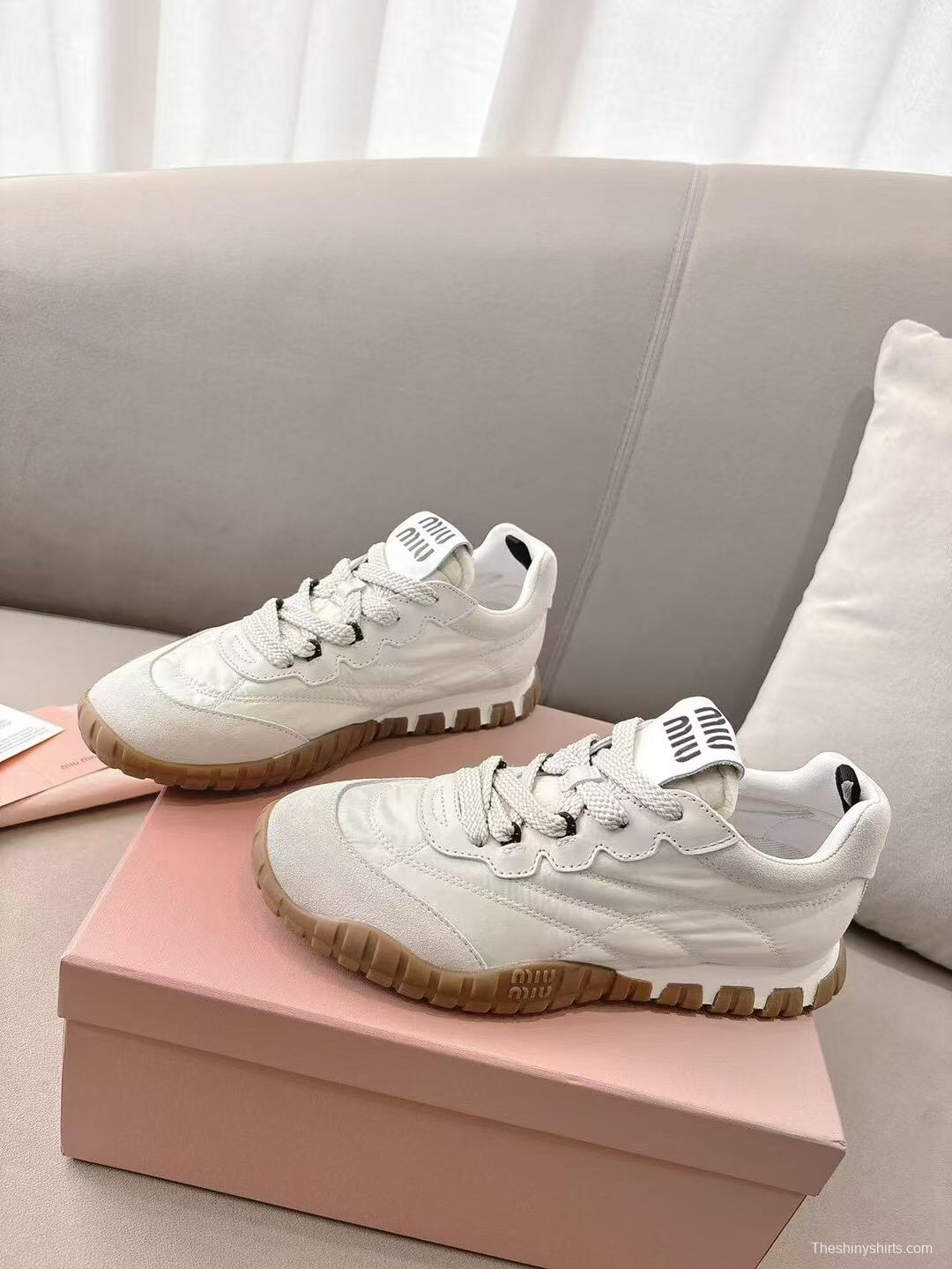 2025 Women Miu Miu White Beige Leather Nylon Casual Shoes KFY00280