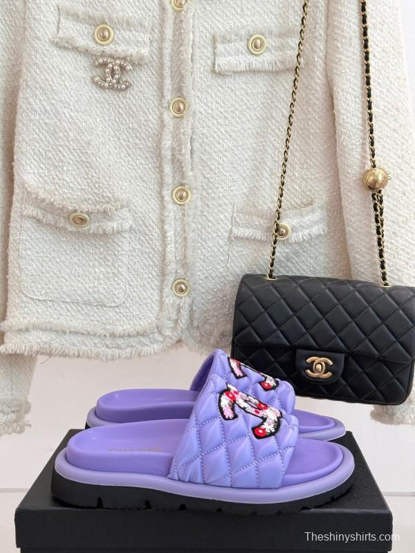 2025 Slippers Chanel Purple Quilt Embroidery