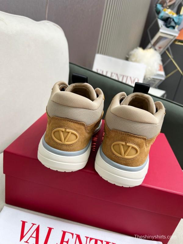 2025 Unisex Valentino Brown Beige Leather Suede Sneakers LY00390