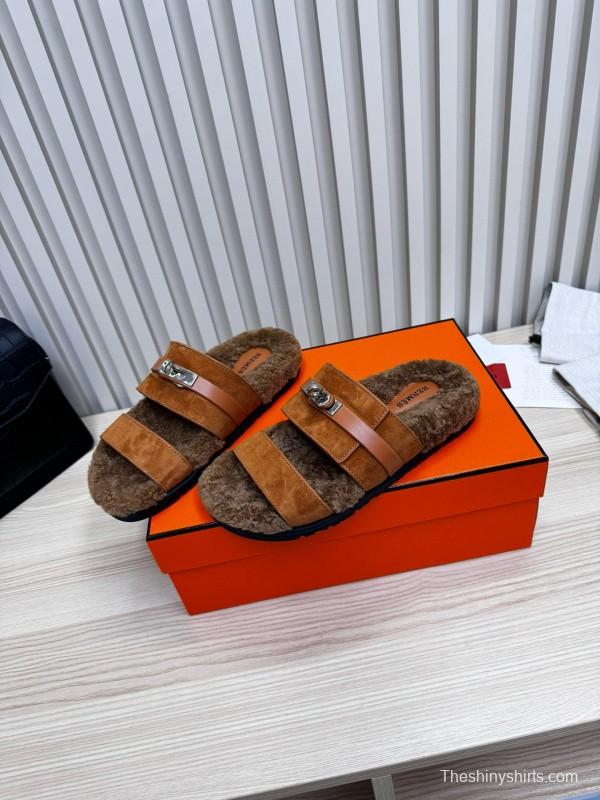 2024 Slippers Hermès Brown Suede Shearling Slippers MJ00300