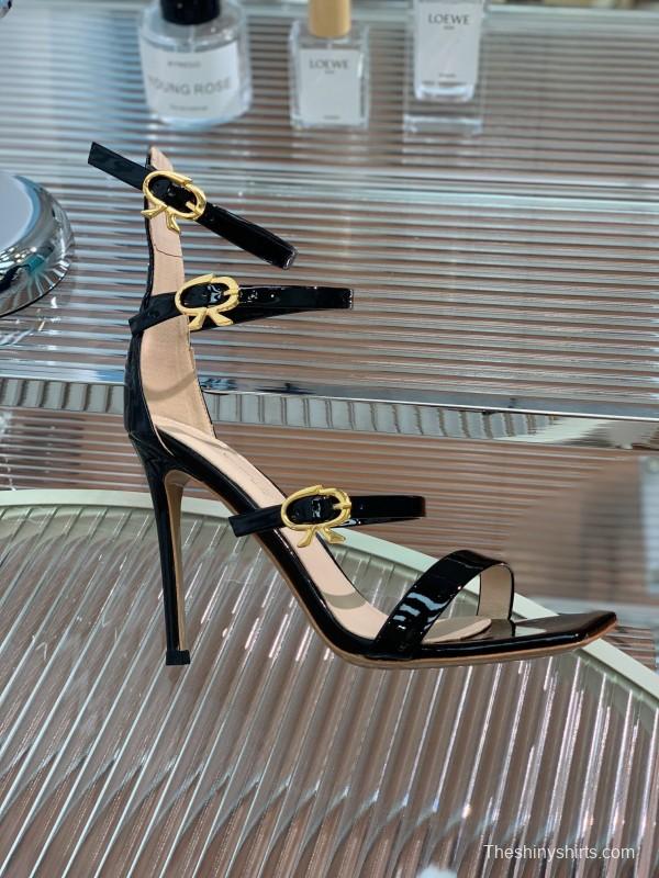 2025 Women Gianvito Rossi Black Patent Leather Strappy High Heel Sandals