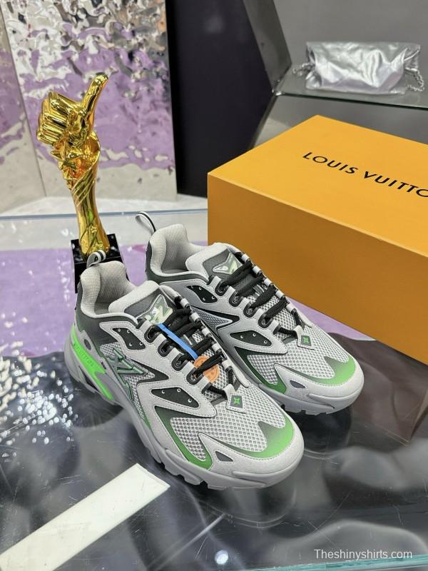 2025 Men Louis Vuitton Green Grey Mesh Leather Sneakers MJ00420
