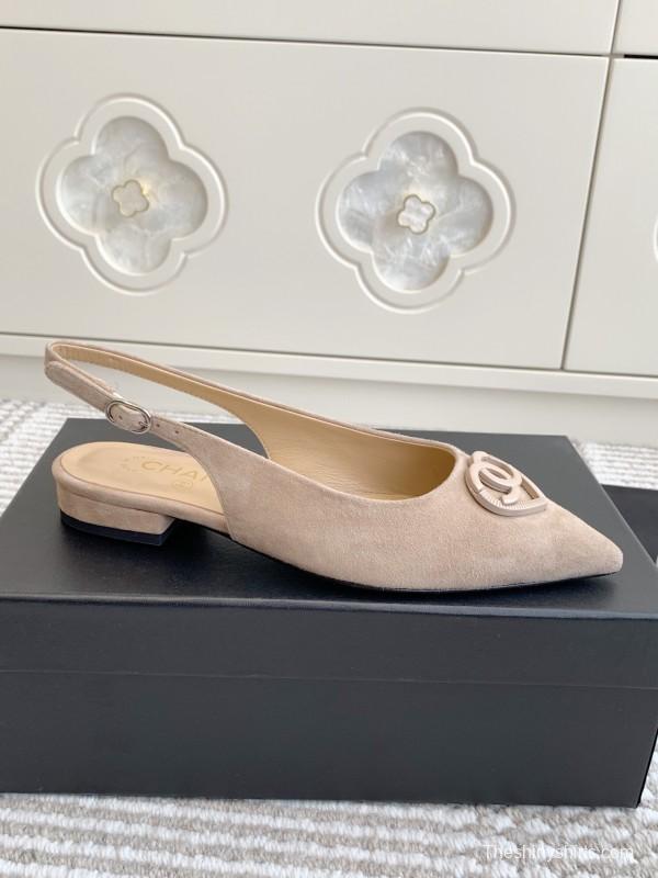 2025 Women Chanel Beige Suede Slingback Heart Logo KFY00300