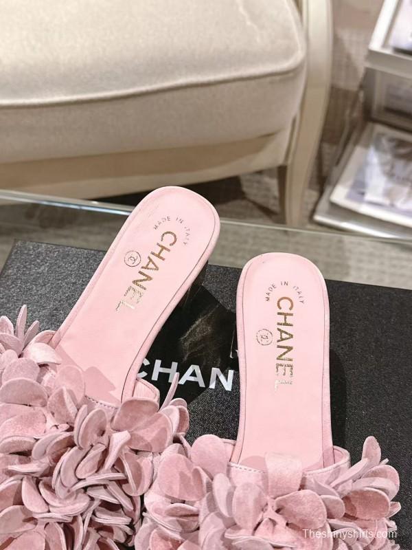 2025 Women Chanel Pink Suede Flower Mule
