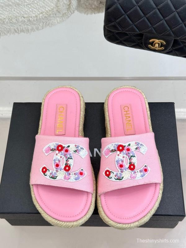 2025 Slippers Chanel Pink Canvas Embroidered KFY00230