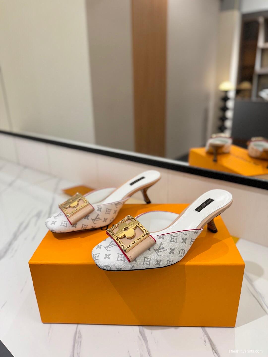 2025 Women Louis Vuitton White Beige Canvas Mules KFY00320