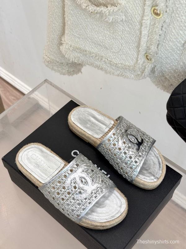 2025 Women Chanel Silver Leather Woven Fisherman Slippers KFY00240