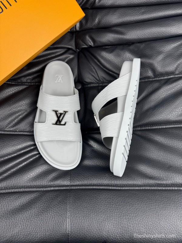 2025 Men Louis Vuitton White Leather Slippers AS00170